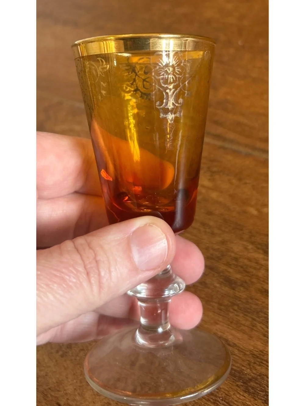 Set of 4 Vintage Amber Etched Glass Cordial Glasses